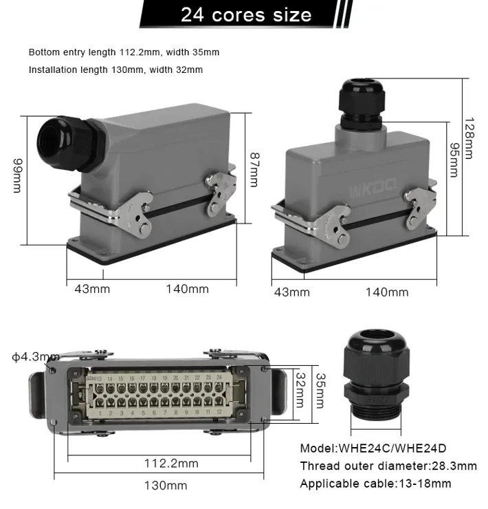 24 pin industrial waterproof connector measuring 99 mm by 43 mm by 140 mm in the side connection version or 128 mm by 43 mm by 140 mm in the straight through version. It's labeled as appropriate for 13 to 18 mm cables. the connection is made with two rows of pins, and the whole thing clamps together for mechanical stability.