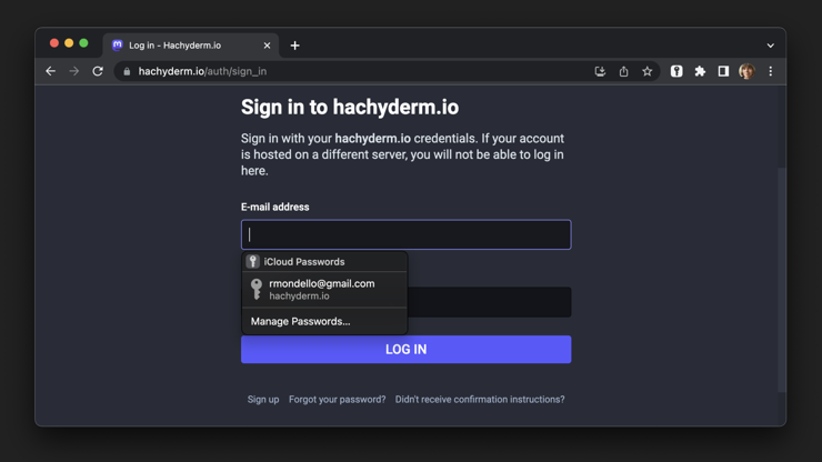 Screenshot of Google Chrome on Mac with a Mastodon login page. The iCloud Passwords extension is installed and there is an AutoFill suggestion.