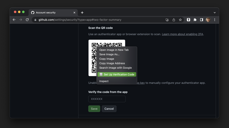 Screenshot of Google Chrome on Mac with a GitHub Security settings page. The iCloud Passwords extension is installed and when right-clicking on the QR code, there’s a “Set up Verification Code” menu item.