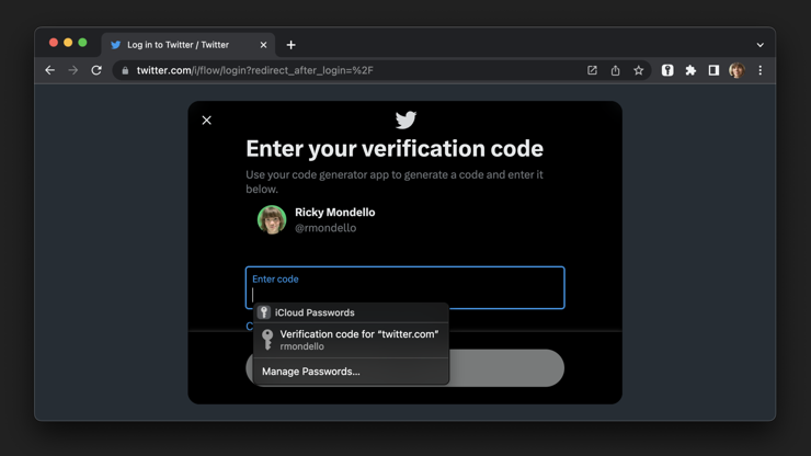 Screenshot of Google Chrome on Mac with a Twitter login page. The iCloud Passwords extension is installed and there is an AutoFill suggestion for a one-time code.