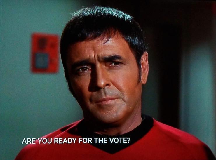 Scotty (young early TOS Scotty!) Is standing in an Enterprise corridor, red uniform, and looking quizzical. Closed caption reads, "Are you ready for the vote?"